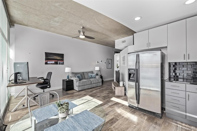 1700 Bassett St Unit 820, Denver, CO 80202 - home office with light wood-type flooring, a ceiling fan, recessed lighting, and baseboards