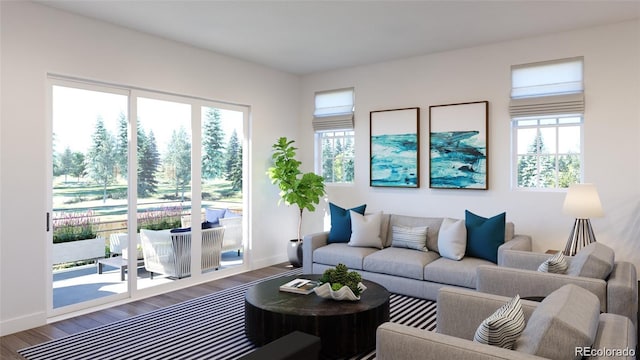 living area featuring dark wood-style floors and baseboards