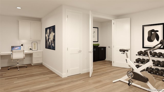 interior space with recessed lighting, light wood-type flooring, and baseboards