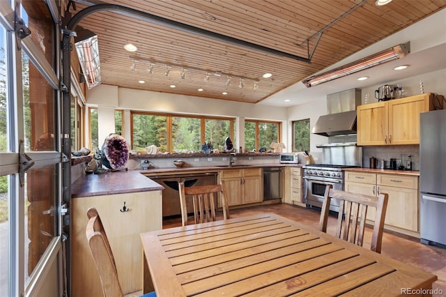 1000 Rangeview Ct, Black Hawk, CO 80422 - kitchen featuring light brown cabinetry, wall chimney exhaust hood, wood ceiling, appliances with stainless steel finishes, and decorative backsplash