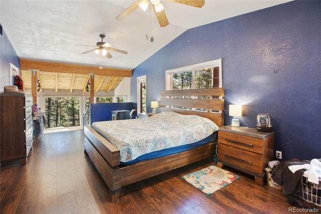 bedroom featuring vaulted ceiling with beams, multiple windows, dark wood-type flooring, and ceiling fan