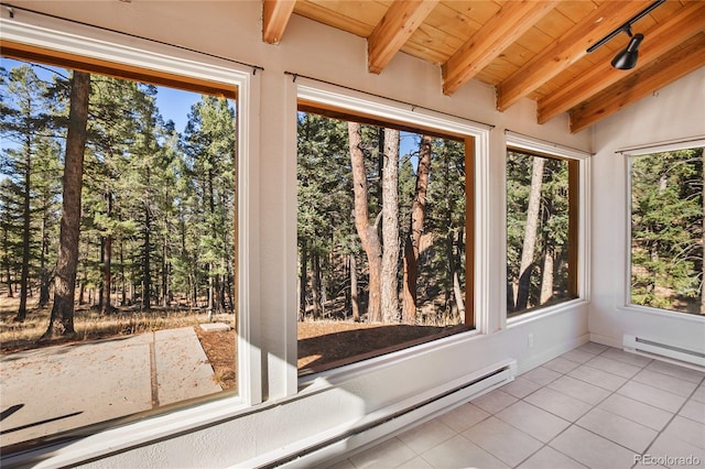 unfurnished sunroom with wood ceiling, lofted ceiling with beams, a wealth of natural light, and a baseboard heating unit