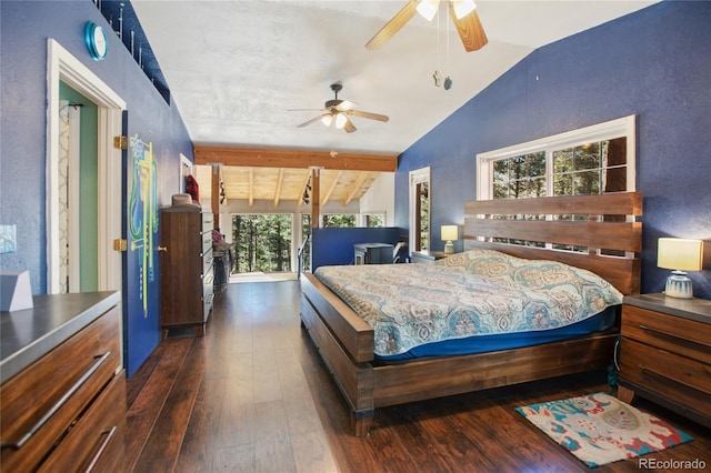 bedroom featuring vaulted ceiling with beams, dark wood-type flooring, and ceiling fan