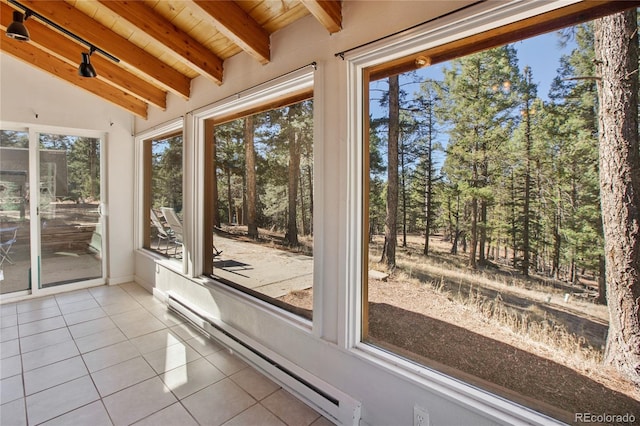 unfurnished sunroom with vaulted ceiling with beams, wood ceiling, and baseboard heating