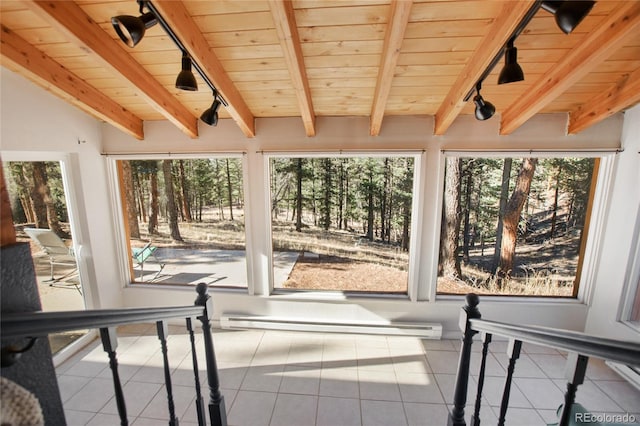 sunroom featuring rail lighting, wooden ceiling, beam ceiling, and baseboard heating