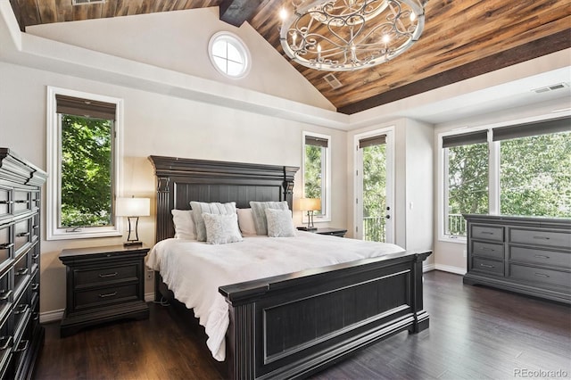 9065 E Lost Hill Trl, Lone Tree, CO 80124 - bedroom featuring vaulted ceiling, access to exterior, dark wood-style floors, a chandelier, and wooden ceiling