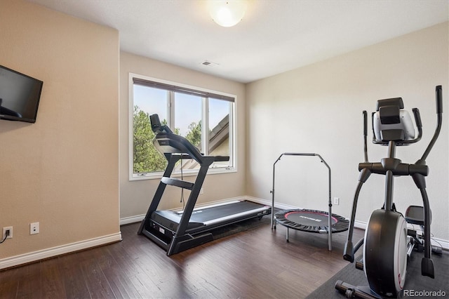 9065 E Lost Hill Trl, Lone Tree, CO 80124 - workout room featuring dark wood-style flooring and baseboards