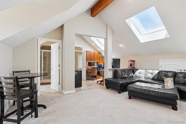 9065 E Lost Hill Trl, Lone Tree, CO 80124 - living area featuring a skylight, light colored carpet, an office area, and recessed lighting