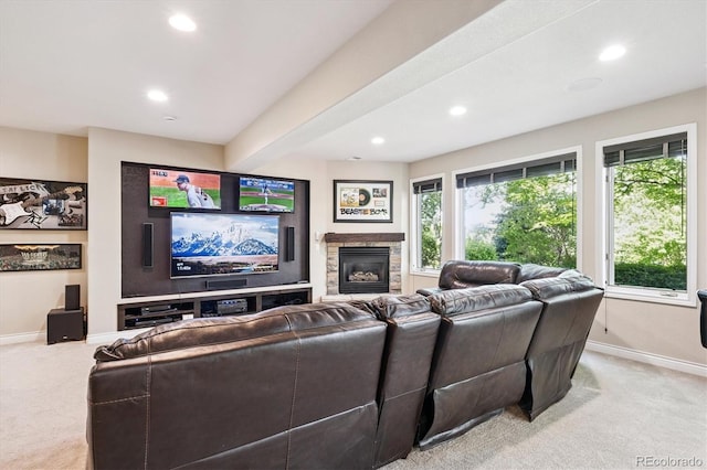 9065 E Lost Hill Trl, Lone Tree, CO 80124 - living room featuring light carpet, recessed lighting, a fireplace, and beamed ceiling