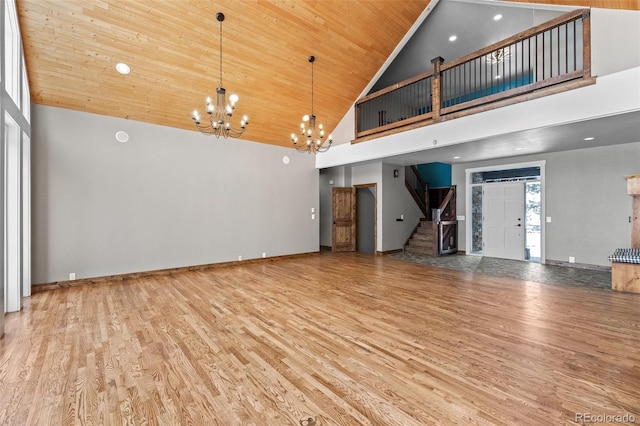 unfurnished living room with an inviting chandelier, light hardwood / wood-style floors, high vaulted ceiling, and wooden ceiling