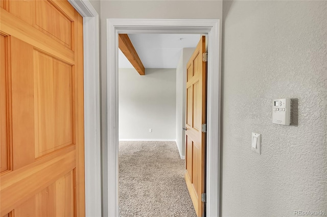 5220 Boardwalk Dr Unit A14, Fort Collins, CO 80525 - hallway featuring carpet, a textured wall, and beamed ceiling