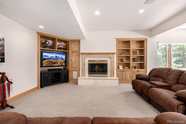 22554 Treetop Ln, Golden, CO 80401 - living area featuring light carpet, recessed lighting, a high end fireplace, and baseboards