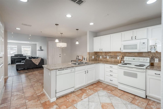 kitchen with white cabinetry, kitchen peninsula, sink, and white appliances