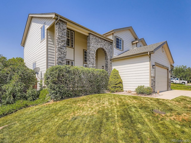 21770 Mount Elbert Pl, Parker, CO 80138 - traditional-style home featuring stone siding, a garage, a front lawn, and concrete driveway