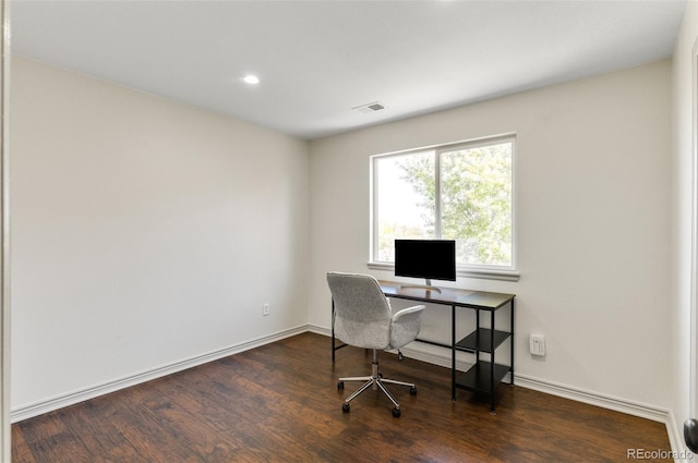 office area with dark hardwood / wood-style floors