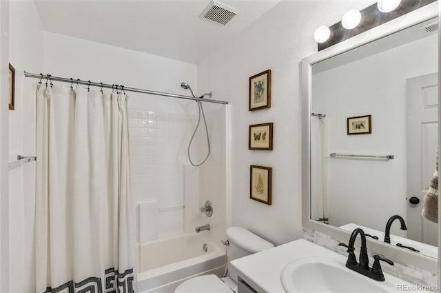 full bathroom featuring vanity, toilet, and shower / bathtub combination with curtain