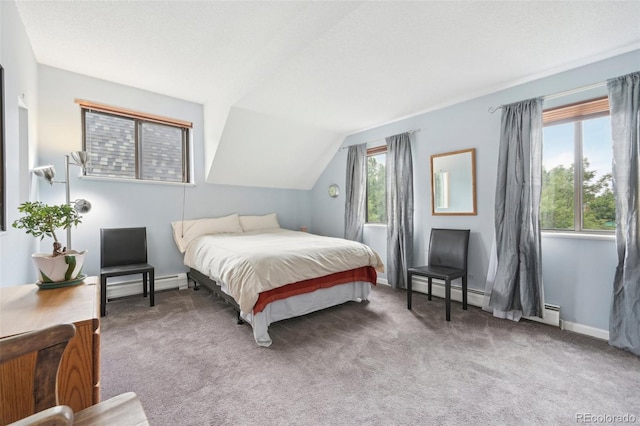 carpeted bedroom featuring a textured ceiling, a baseboard radiator, and vaulted ceiling