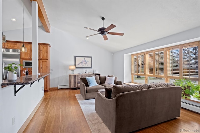 living area with baseboard heating, light wood-type flooring, lofted ceiling with beams, and ceiling fan