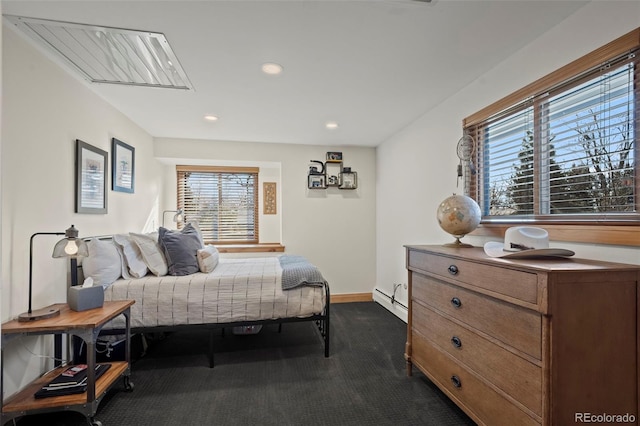 bedroom with recessed lighting, a baseboard radiator, baseboards, and dark carpet