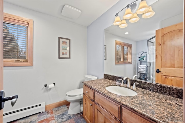 bathroom featuring baseboards, a stall shower, stone finish flooring, toilet, and baseboard heating