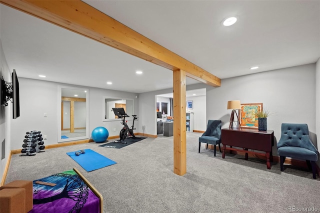 workout area featuring recessed lighting, baseboards, and carpet