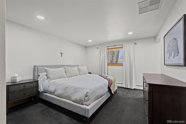 255 Kiowa Pl, Boulder, CO 80303 - bedroom featuring dark carpet, baseboard heating, and recessed lighting