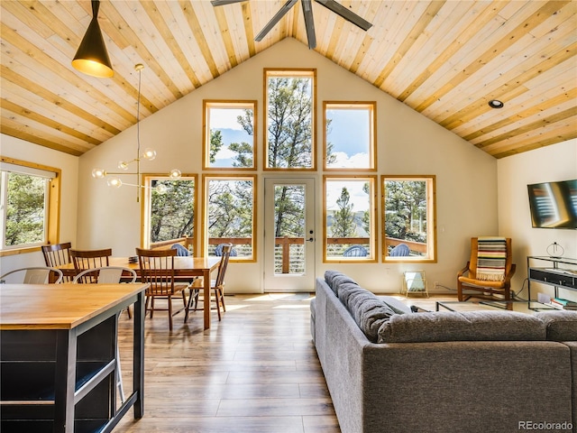 2946 Middle Fork Vis, Fairplay, CO 80440 - living room featuring ceiling fan, wood ceiling, high vaulted ceiling, and hardwood / wood-style flooring