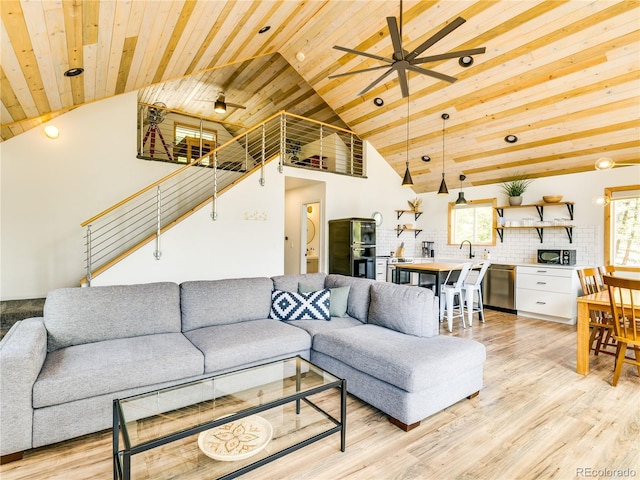 2946 Middle Fork Vis, Fairplay, CO 80440 - living room featuring a ceiling fan, wood ceiling, stairs, light wood-style floors, and high vaulted ceiling