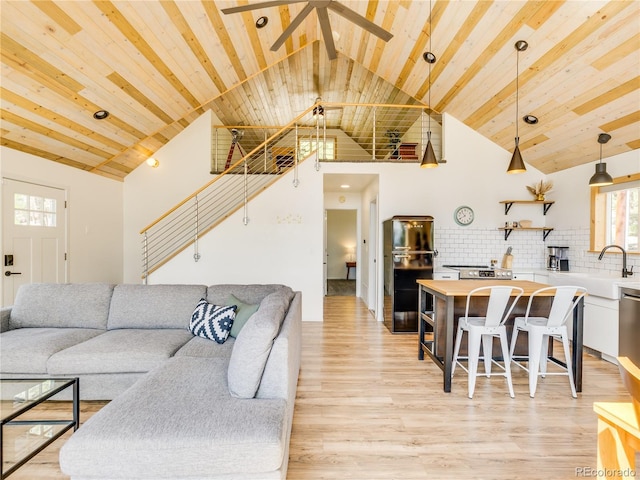 2946 Middle Fork Vis, Fairplay, CO 80440 - living room with a ceiling fan, light wood finished floors, wooden ceiling, high vaulted ceiling, and stairs