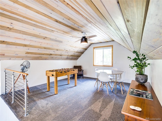 2946 Middle Fork Vis, Fairplay, CO 80440 - recreation room featuring carpet floors, ceiling fan, wooden ceiling, and lofted ceiling