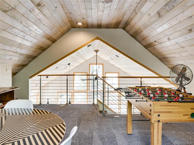 2946 Middle Fork Vis, Fairplay, CO 80440 - rec room with carpet, lofted ceiling, and wooden ceiling