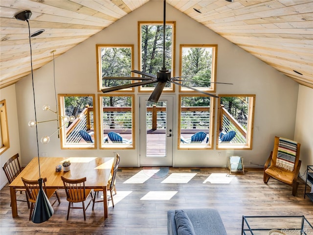 2946 Middle Fork Vis, Fairplay, CO 80440 - dining area featuring wooden ceiling, lofted ceiling, wood finished floors, and ceiling fan