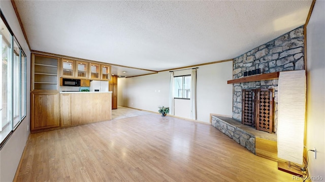 8509 Colorado Ct, Denver, CO 80229 - unfurnished living room featuring a textured ceiling, light wood finished floors, crown molding, and baseboards