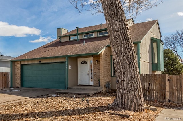 view of front of house with an attached garage, a shingled roof, brick siding, fence, and concrete driveway