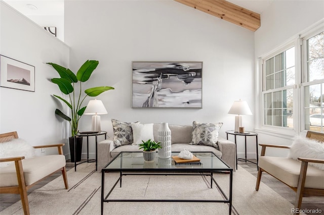 living room with high vaulted ceiling and beamed ceiling