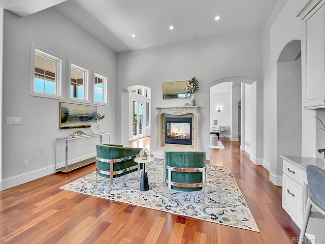 2131 Driver Ln, Erie, CO 80516 - living area with arched walkways, wood finished floors, a high end fireplace, and recessed lighting