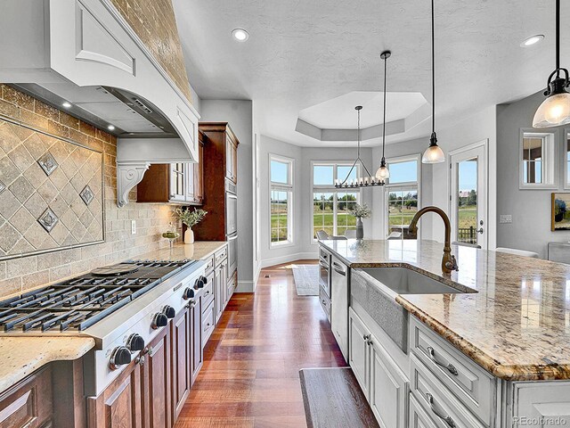 2131 Driver Ln, Erie, CO 80516 - kitchen with custom exhaust hood, stainless steel appliances, a tray ceiling, light stone countertops, and recessed lighting