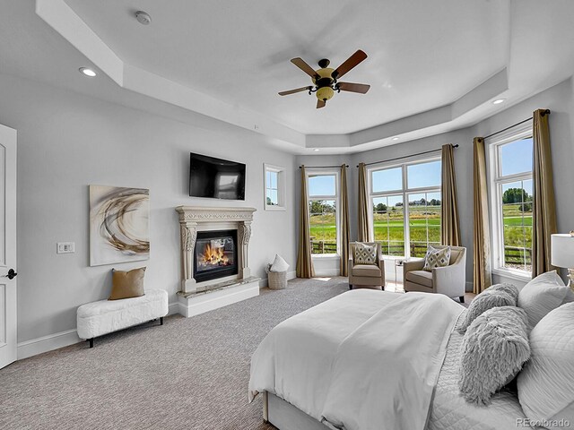 2131 Driver Ln, Erie, CO 80516 - bedroom with a glass covered fireplace, a tray ceiling, recessed lighting, multiple windows, and carpet