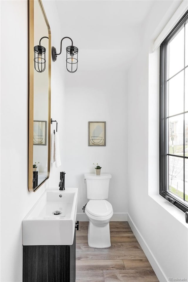 bathroom with vanity, wood-type flooring, and toilet