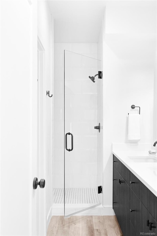 bathroom featuring vanity and a shower with shower door