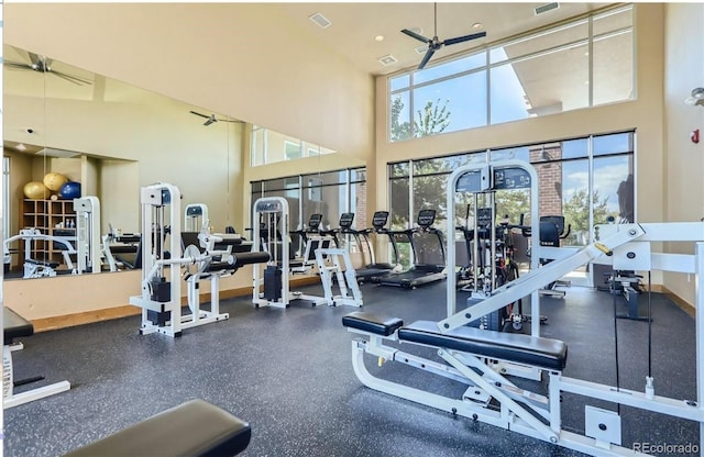 10184 Park Meadows Dr Unit 1317, Lone Tree, CO 80124 - exercise room with a high ceiling and ceiling fan