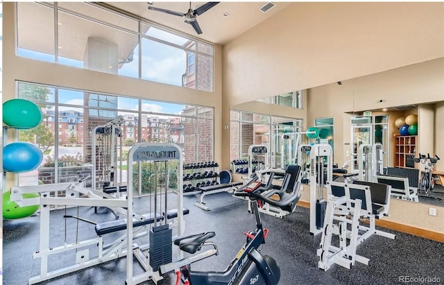 10184 Park Meadows Dr Unit 1317, Lone Tree, CO 80124 - workout area with a ceiling fan and a towering ceiling