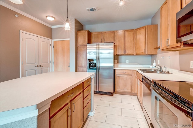 10184 Park Meadows Dr Unit 1317, Lone Tree, CO 80124 - kitchen featuring appliances with stainless steel finishes, light countertops, light tile patterned floors, ornamental molding, and decorative light fixtures