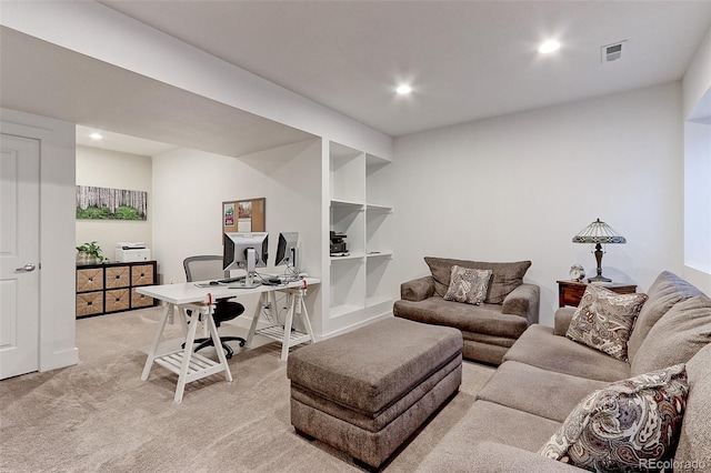 13713 Raritan Ln, Broomfield, CO 80023 - living area featuring light carpet, an office area, built in shelves, and recessed lighting