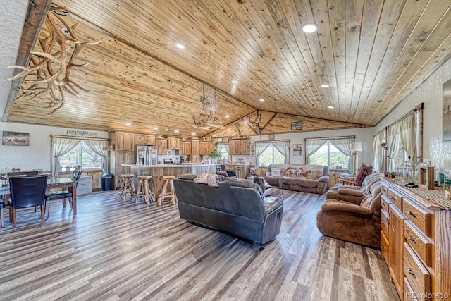 1625 Black Cloud Cir, Westcliffe, CO 81252 - living room featuring wood ceiling, light wood finished floors, vaulted ceiling, and recessed lighting