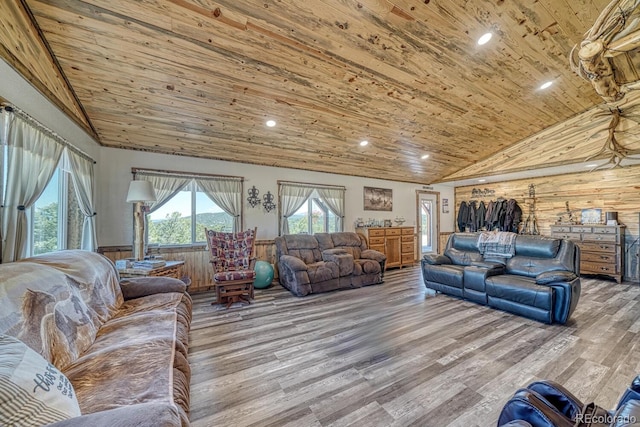 1625 Black Cloud Cir, Westcliffe, CO 81252 - living area featuring wood ceiling, lofted ceiling, wooden walls, wood finished floors, and recessed lighting