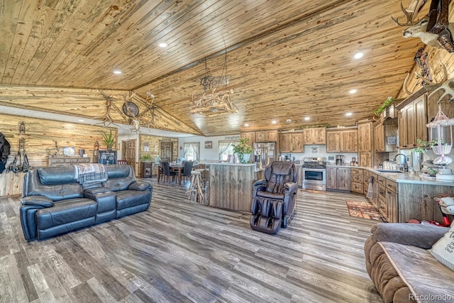 1625 Black Cloud Cir, Westcliffe, CO 81252 - living area featuring wood ceiling, light wood-style flooring, recessed lighting, and high vaulted ceiling