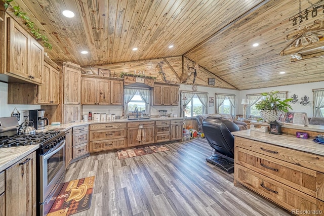 1625 Black Cloud Cir, Westcliffe, CO 81252 - kitchen with stainless steel range with gas cooktop, wooden ceiling, open floor plan, vaulted ceiling, and light wood-style flooring