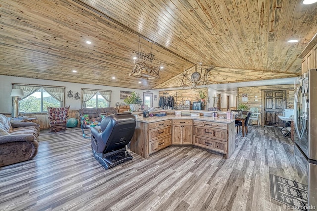 1625 Black Cloud Cir, Westcliffe, CO 81252 - living area featuring wood ceiling, wood finished floors, high vaulted ceiling, a chandelier, and recessed lighting