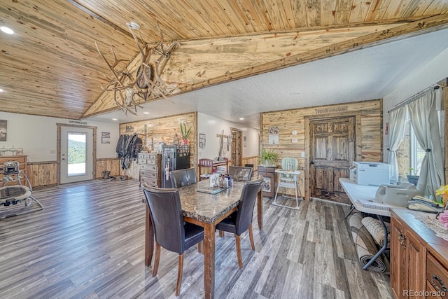 1625 Black Cloud Cir, Westcliffe, CO 81252 - dining area with wood ceiling, wood finished floors, wainscoting, recessed lighting, and high vaulted ceiling